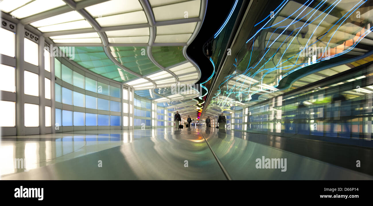 Neon Walkway at O'Hare International airport, The space is titled "The sky is the Limit." Stock Photo