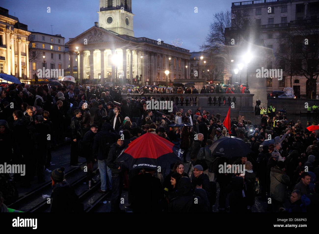 LONDON 13th April, Anti Thatcher party took place at Trafalgar Square in central London with hundreds of protesters celebrating her death. View of Trafalgar square while the protest was still going on. Stock Photo