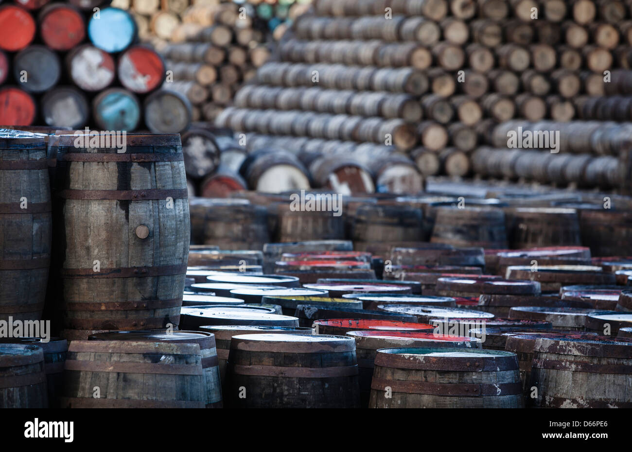 Stacks of Oak whisky barrels on Speyside,Scotland Stock Photo
