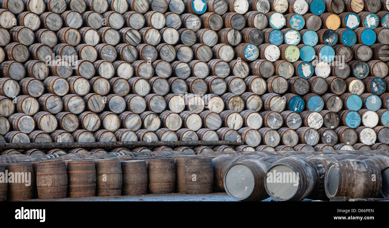 Stacks of Oak whisky barrels on Speyside,Scotland Stock Photo