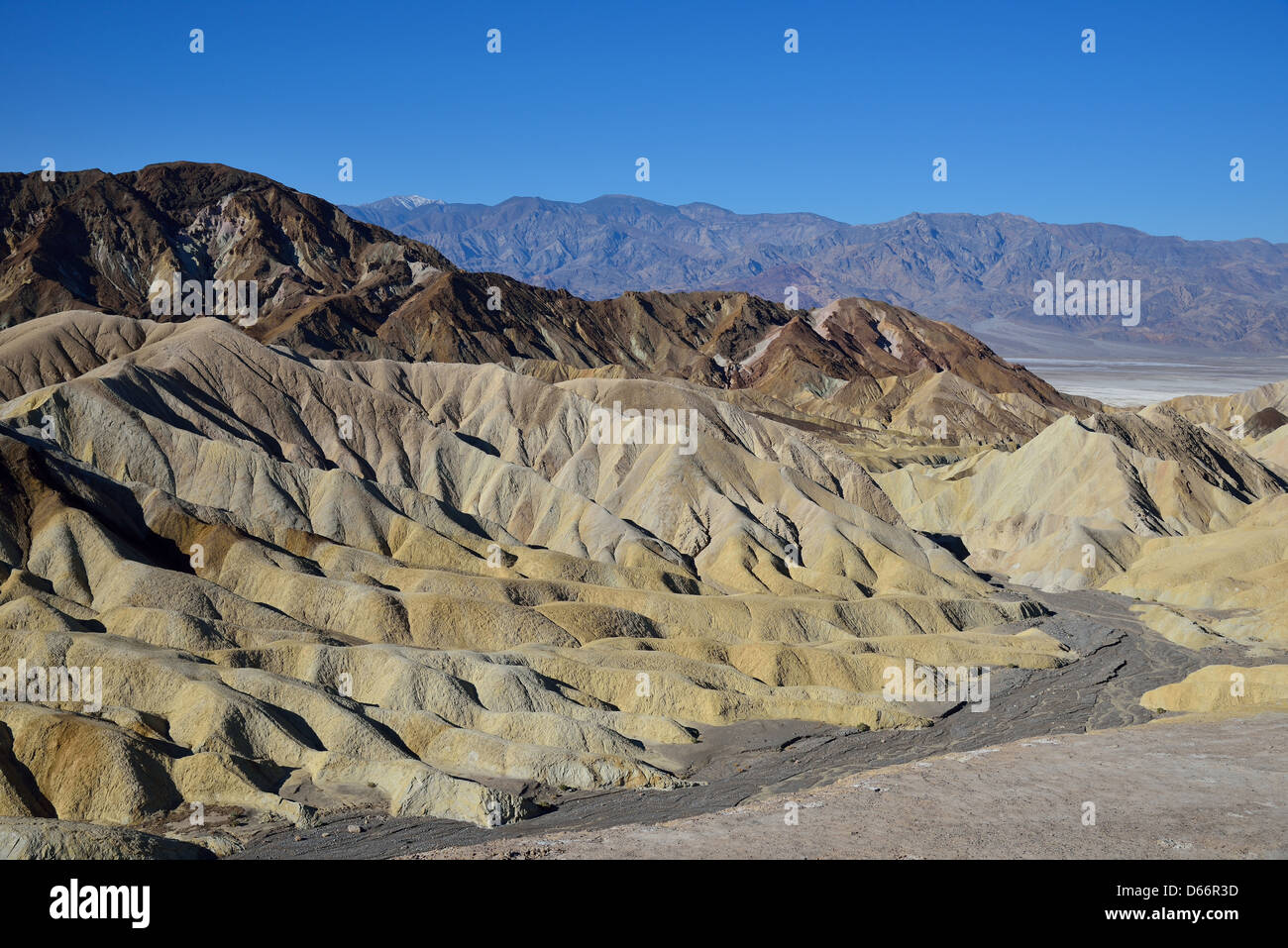 View of dry erosional ravines at the Zabriskie Point. Death Valley National Park, California, USA. Stock Photo