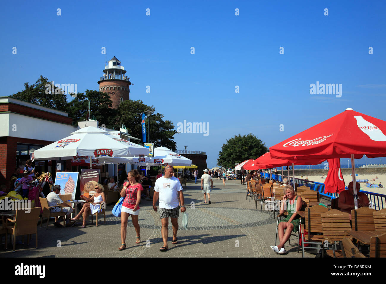 Kolobrzeg (Kolberg), Promenade at lighthouse, baltic sea, Pomerania, Poland Stock Photo