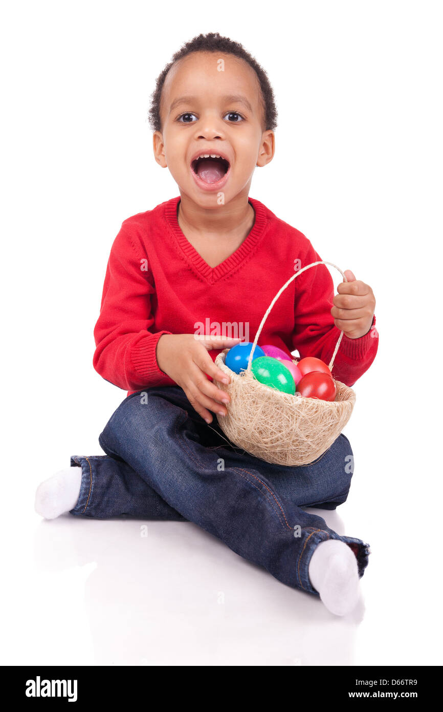 Child Boy kid holding up his easter basket Stock Photo Alamy