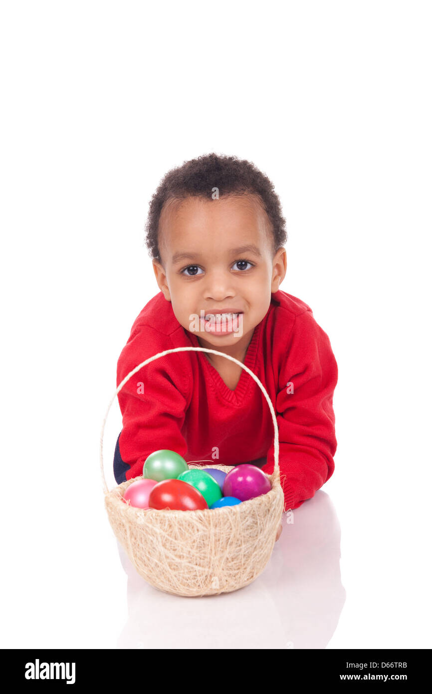 Child Boy kid holding up his easter basket Stock Photo