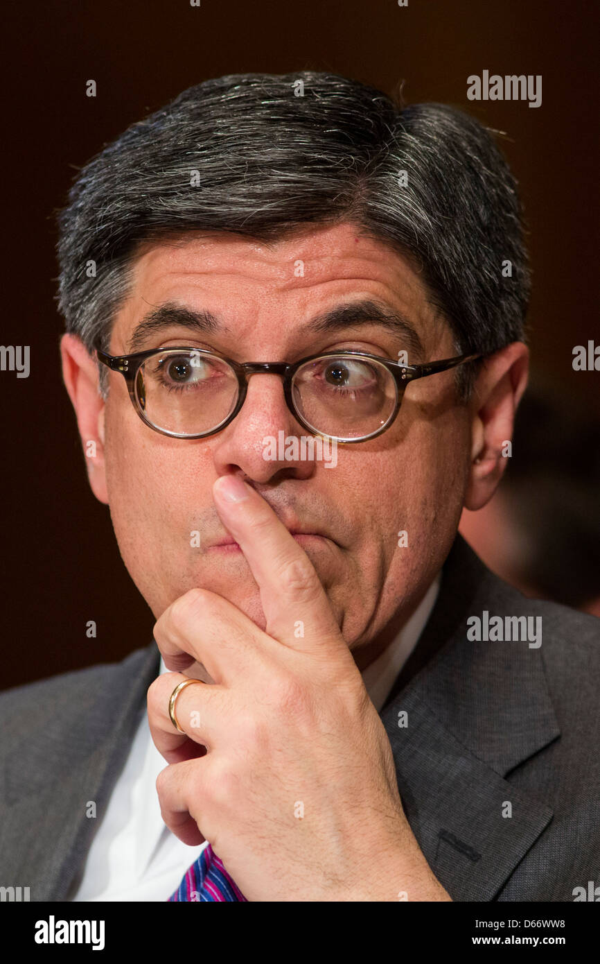 Treasury Secretary Jack Lew testifies during a hearing on the fiscal year 2014 federal budget. Stock Photo