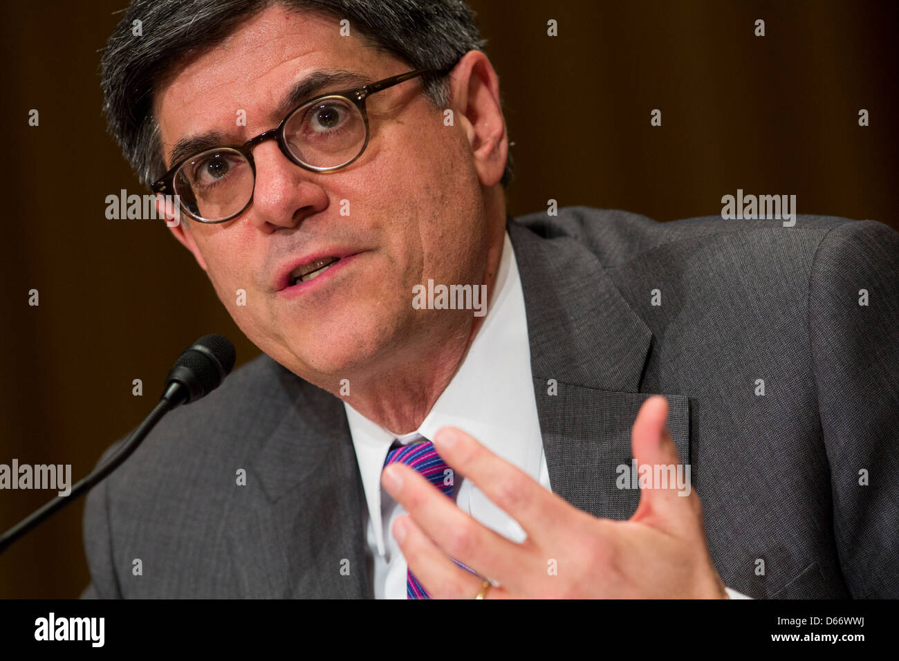 Treasury Secretary Jack Lew testifies during a hearing on the fiscal year 2014 federal budget. Stock Photo