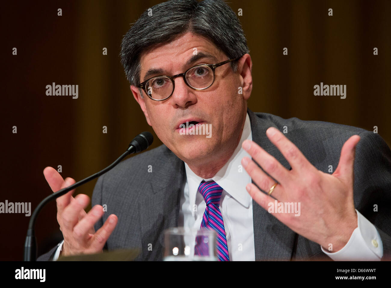 Treasury Secretary Jack Lew testifies during a hearing on the fiscal year 2014 federal budget. Stock Photo