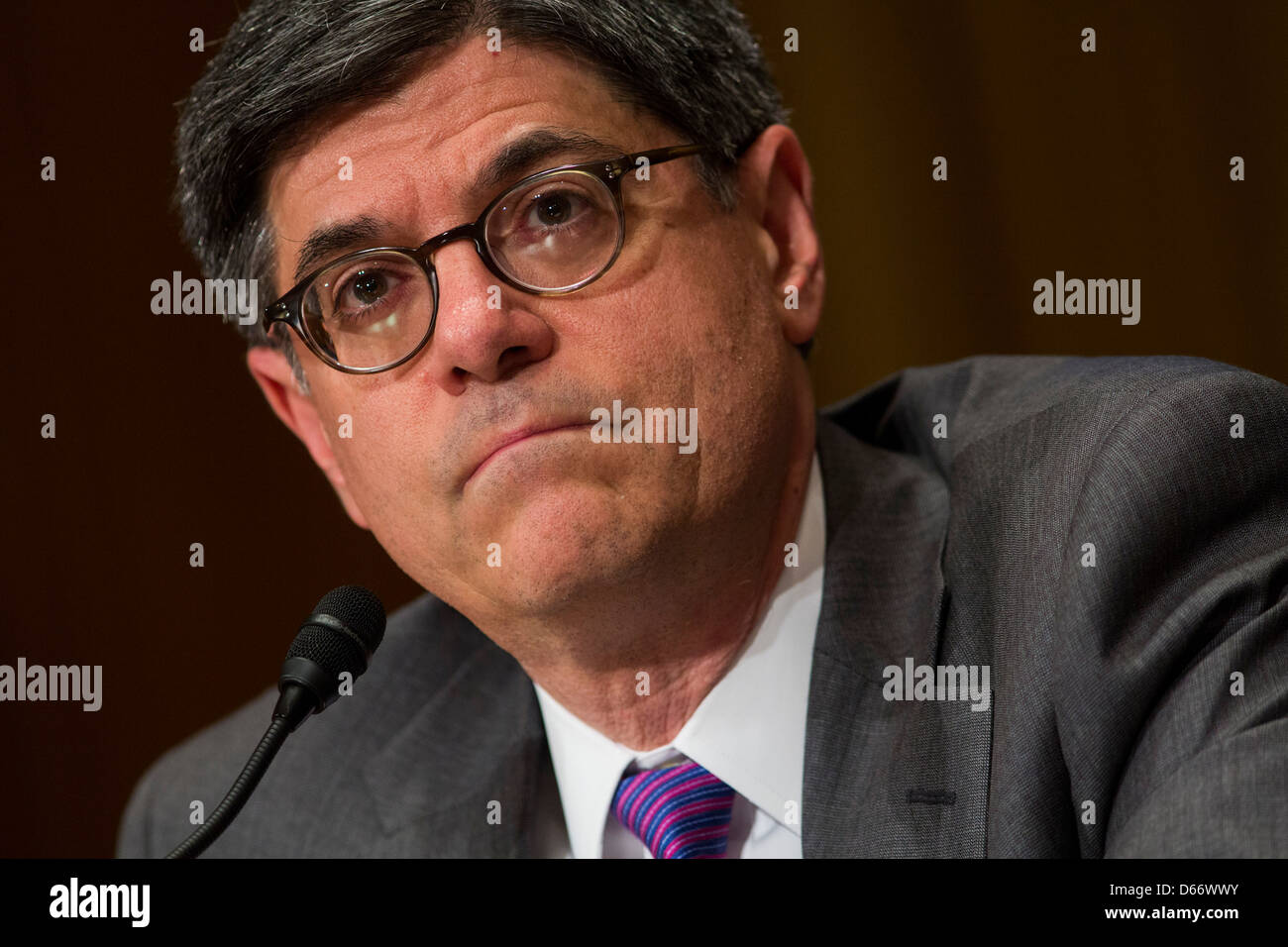 Treasury Secretary Jack Lew testifies during a hearing on the fiscal year 2014 federal budget. Stock Photo