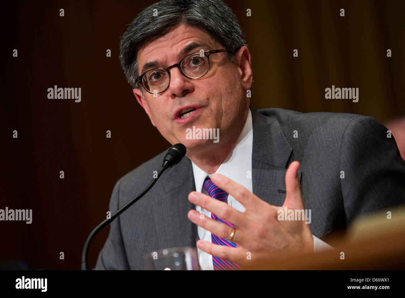 Treasury Secretary Jack Lew testifies during a hearing on the fiscal year 2014 federal budget. Stock Photo