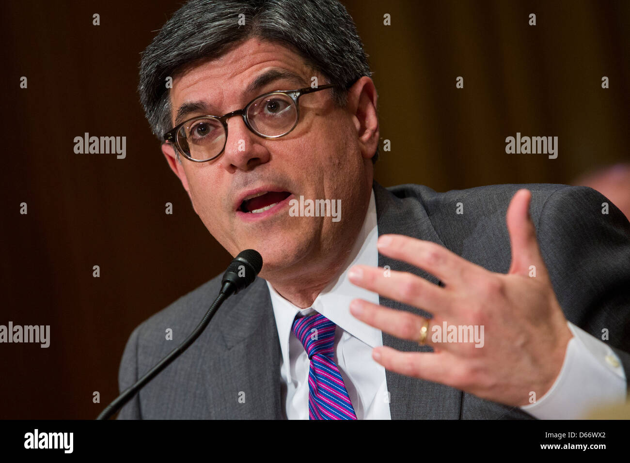 Treasury Secretary Jack Lew testifies during a hearing on the fiscal year 2014 federal budget. Stock Photo