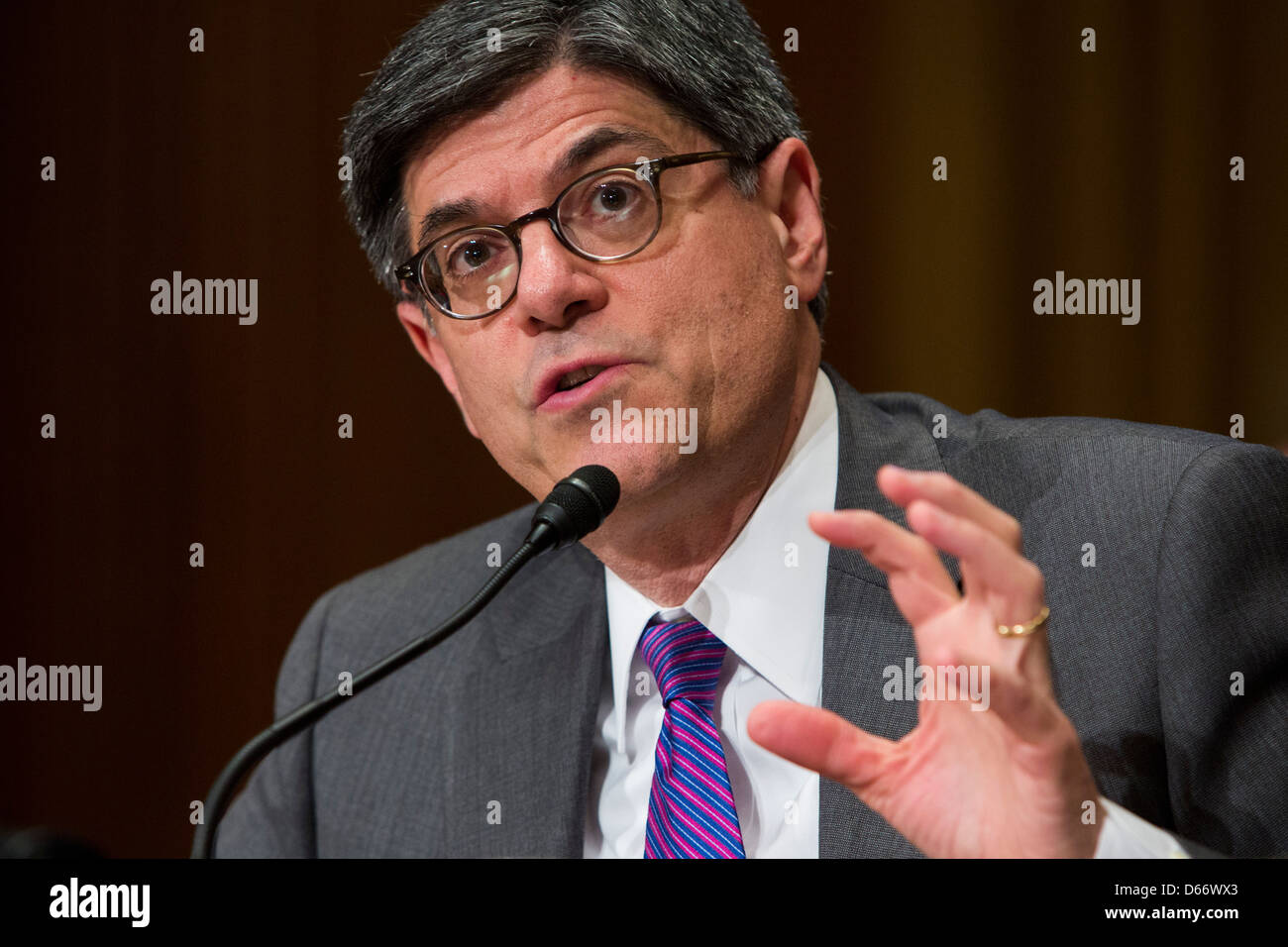 Treasury Secretary Jack Lew testifies during a hearing on the fiscal year 2014 federal budget. Stock Photo