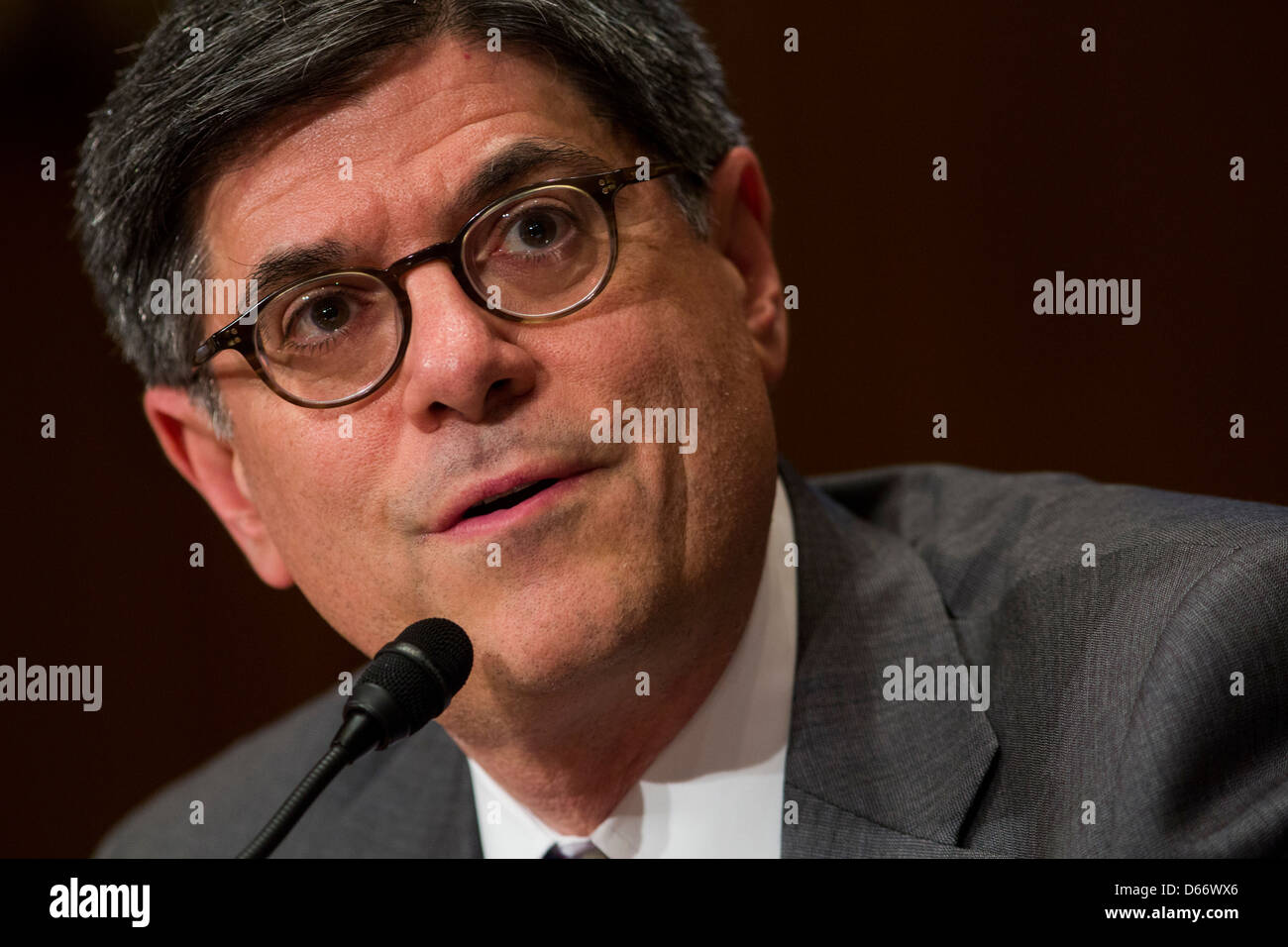 Treasury Secretary Jack Lew testifies during a hearing on the fiscal year 2014 federal budget. Stock Photo