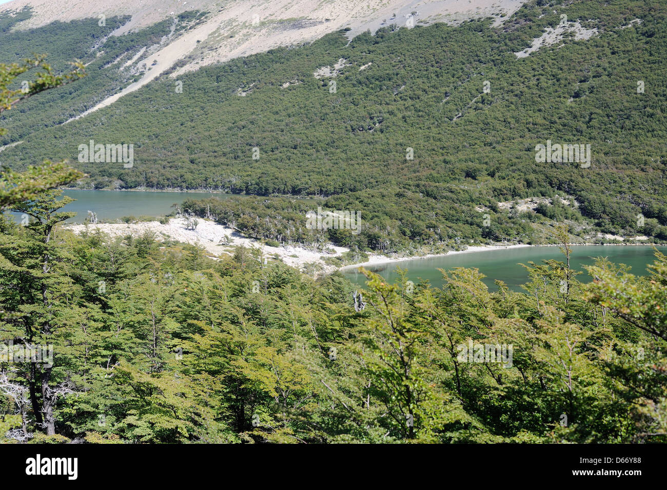 An ancient glacial terminal moraine divides two lakes at different levels. Stock Photo