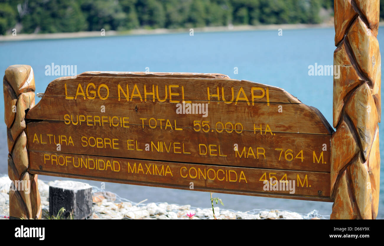 Sign describing Lago Nahuel Huapi. Area, depth and height above sea level. Puerto Blest, Argentina. Stock Photo