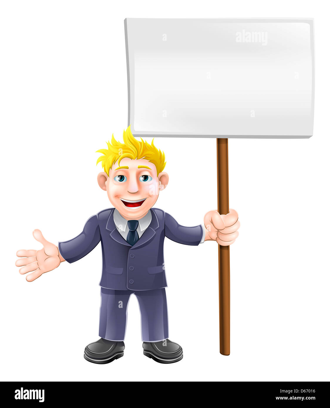 A cartoon illustration of a business guy in a suit holding a sign board Stock Photo