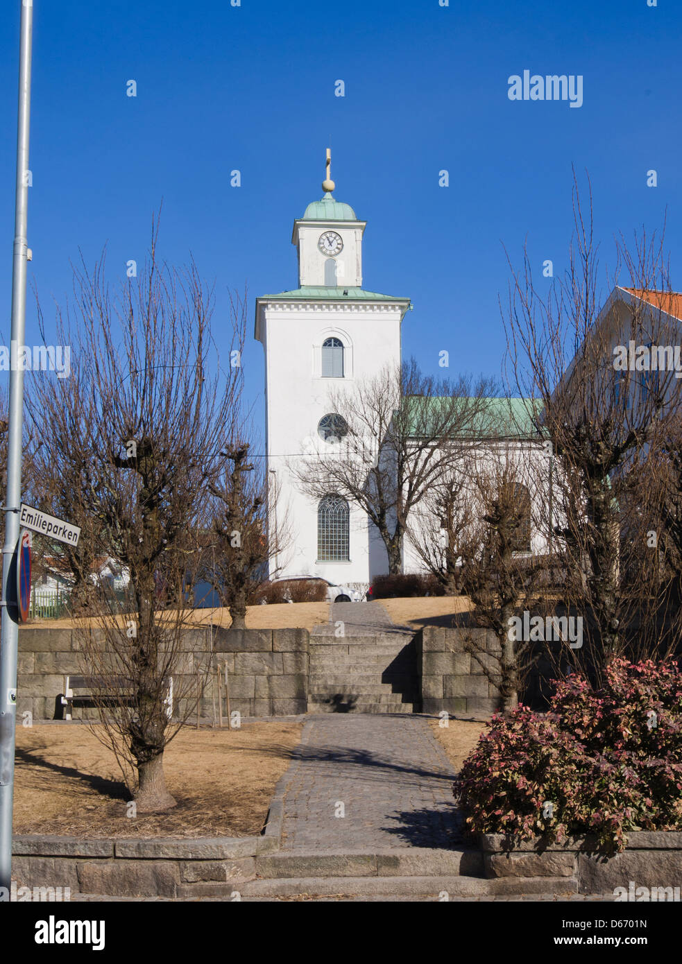 Lutheran church and steeple in Strømstad Sweeden Stock Photo