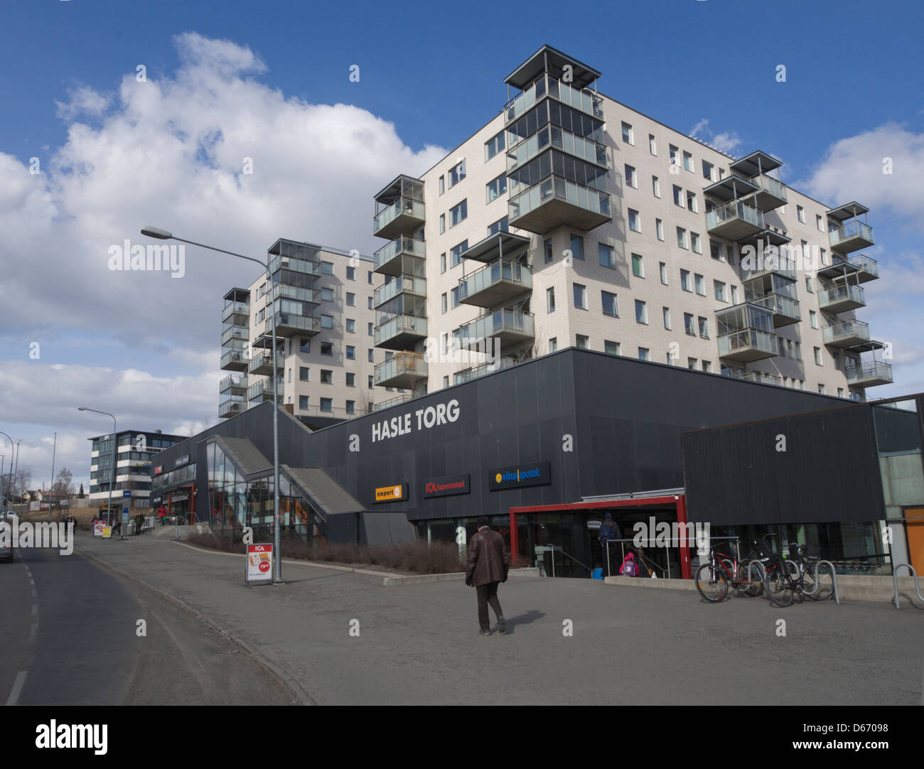 Hasle torg, modern apartment blocks with small shopping center in the suburbs of Oslo Norway Stock Photo
