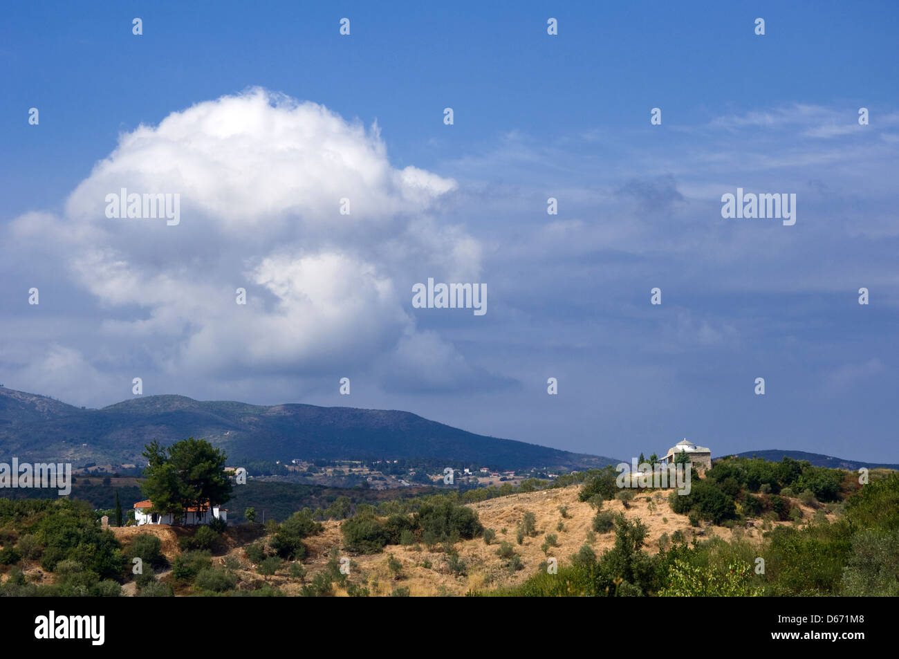 Hilly landscape with two chapels on Pelion Peninsula (Thessaly, Greece) Stock Photo
