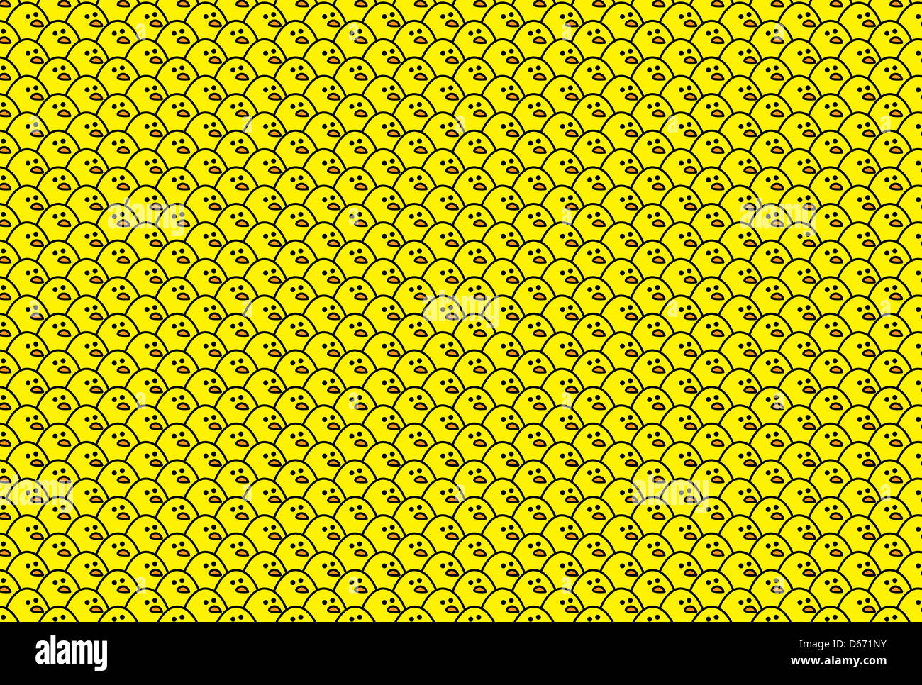 Crowd of identical Yellow Chicks all Looking Right creating a Wallpaper Background Stock Photo