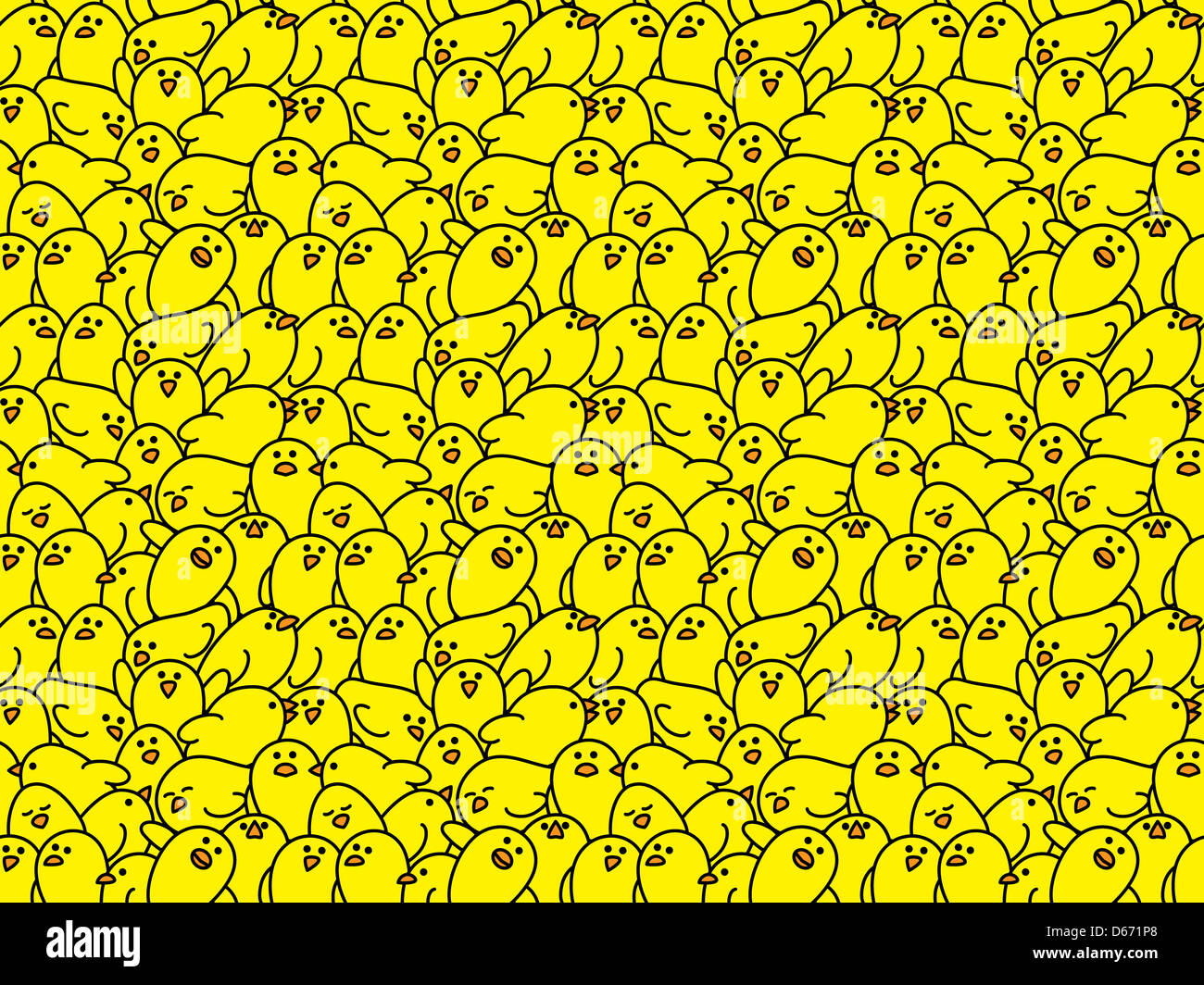 Crowd of Yellow Chicks with Squashed Together in Various Poses creating a Repeating Wallpaper Background Stock Photo