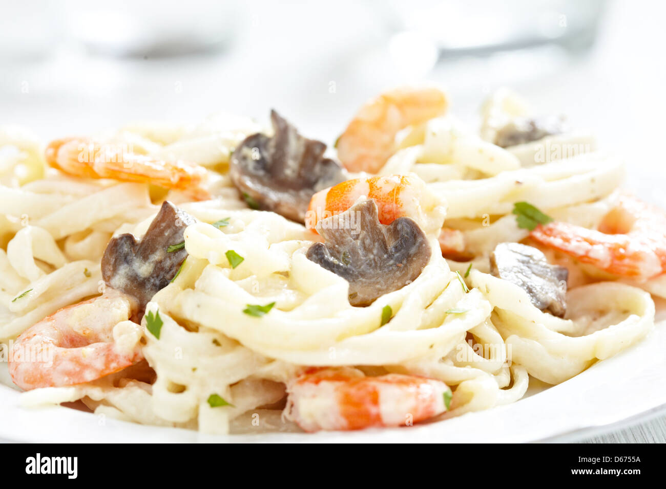 Creamy Shrimp and Mushroom Pasta Stock Photo - Alamy