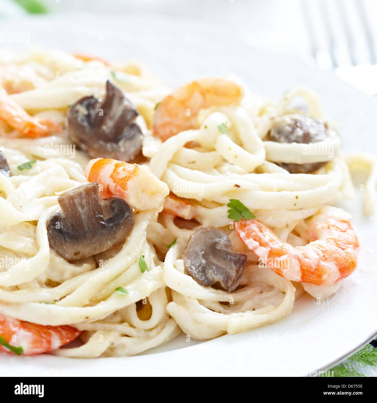 Creamy Shrimp and Mushroom Pasta Stock Photo - Alamy