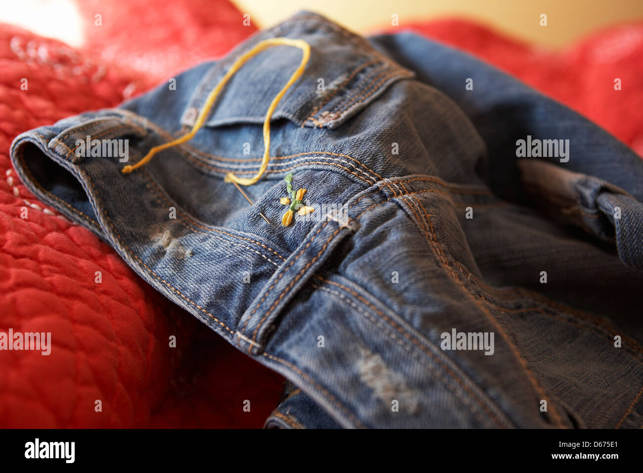 Jeans,needle, thread, embroidery Stock Photo