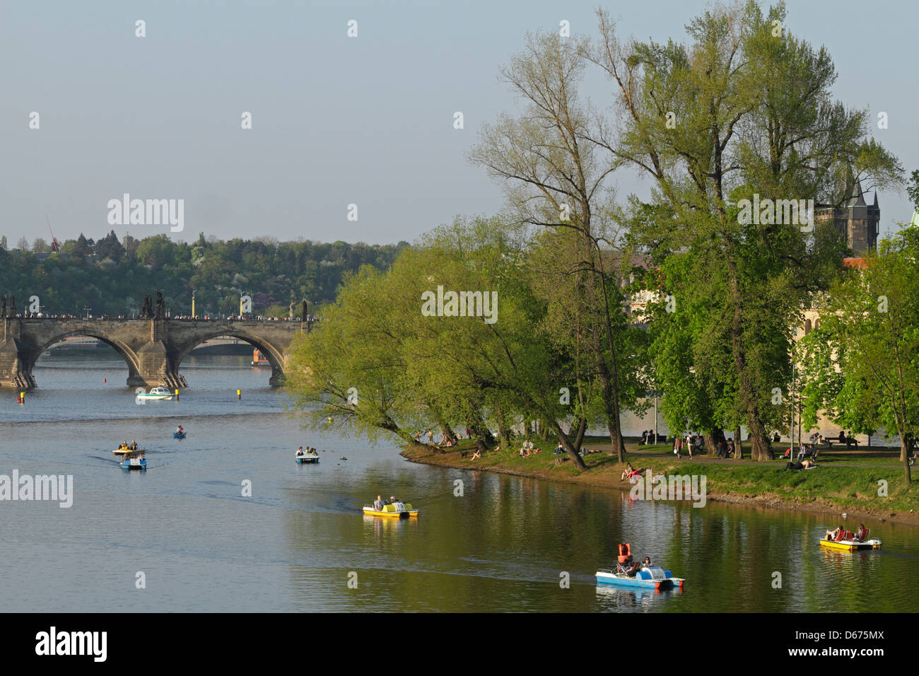 Pedal boats on the river Moldau, (Vlatva), Prague Stock Photo