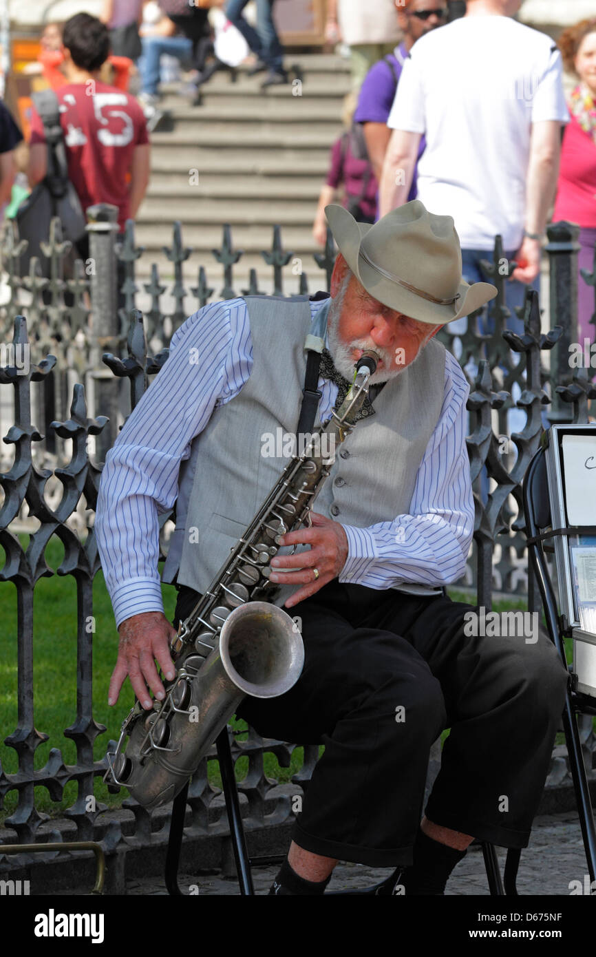 Street musician in Prague playing saxophone Stock Photo Alamy