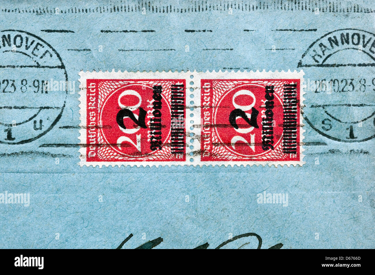 Used 1923 2-million marks German inflation stamps. Stock Photo