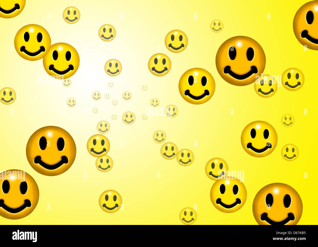 A number of yellow smiley face emoticons evolving from a distant and faded position Stock Photo