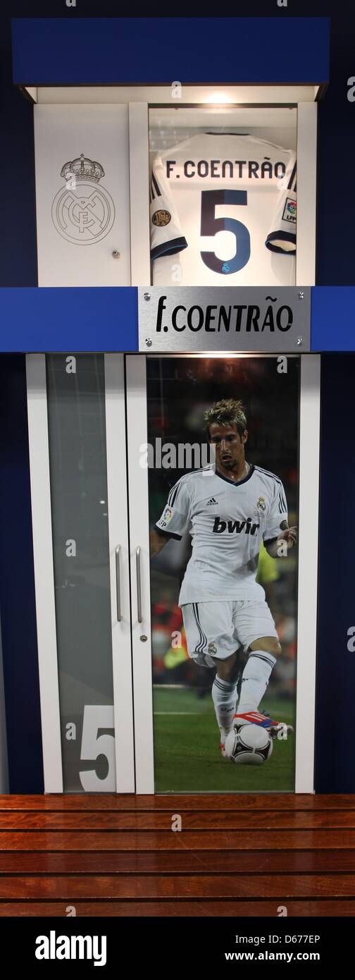 View of the place reserved for Fabio Coentrao in the changing rooms of Spanish soccer club Real Madrid durinf a tour of Bernabeu Stadium in madrid, Spain, 09 April 2013. Photo: Fabian Stratenschulte Stock Photo