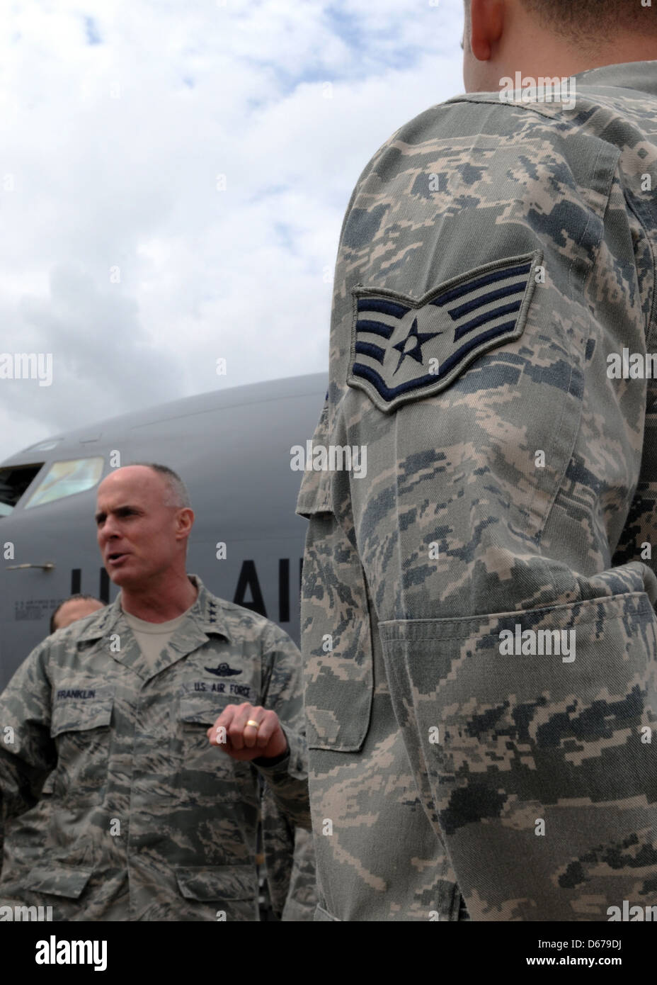 Lt. Gen. Craig A. Franklin, 3rd Air Force and 17th Expeditionary Air Force commander, talks to airmen of the 351st Expeditionary Air Refueling Squadron April 9, 2013, during a visit to the deployed location in Southwest Europe. Franklin was on station to evaluate the 351st EARS' assets and capabilities in addition to talking with airmen in the unit. Stock Photo