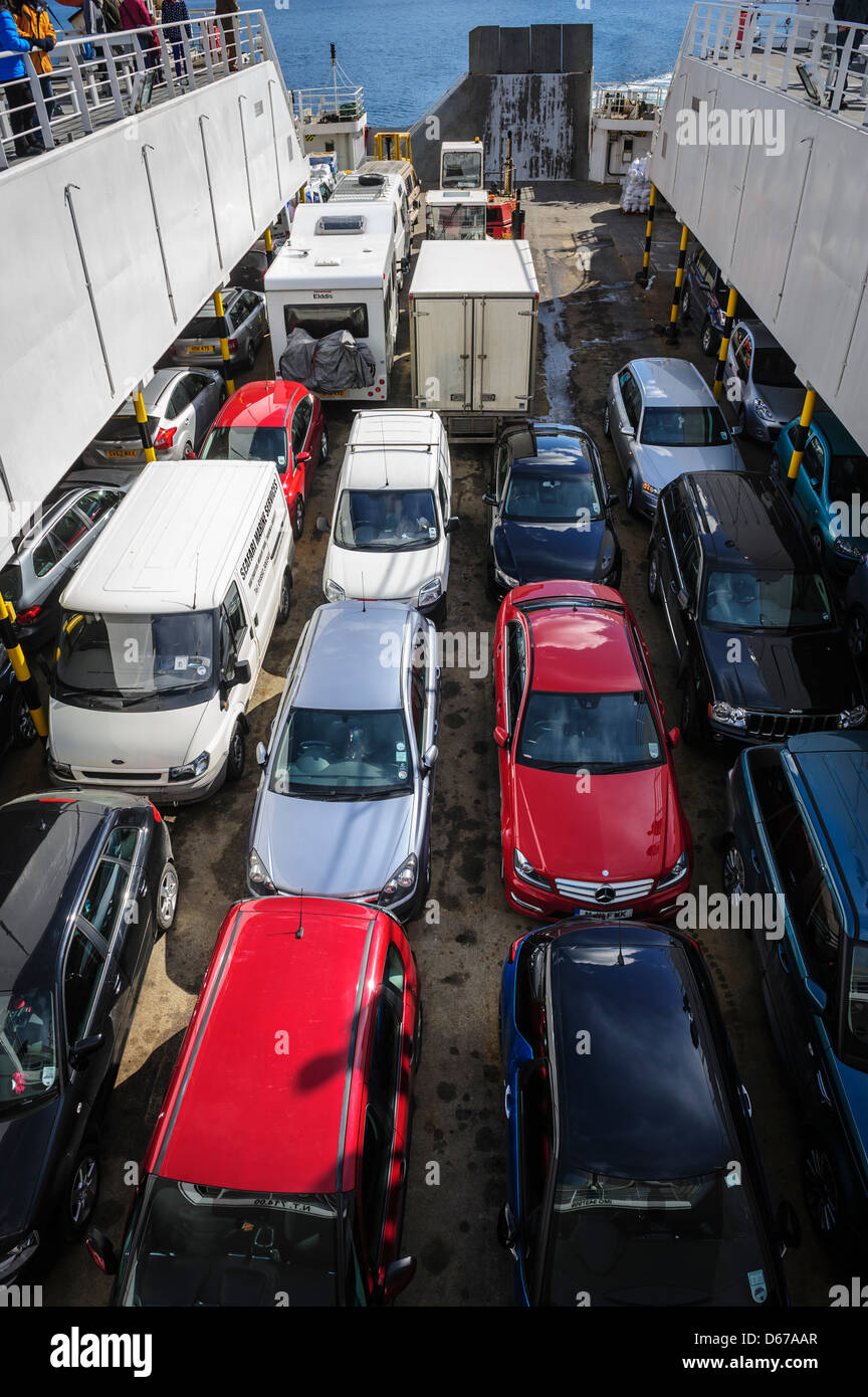 Vehicles aboard the car ferry mv Pentalina during a crossing from Scotland to the Orkney Islands. Stock Photo