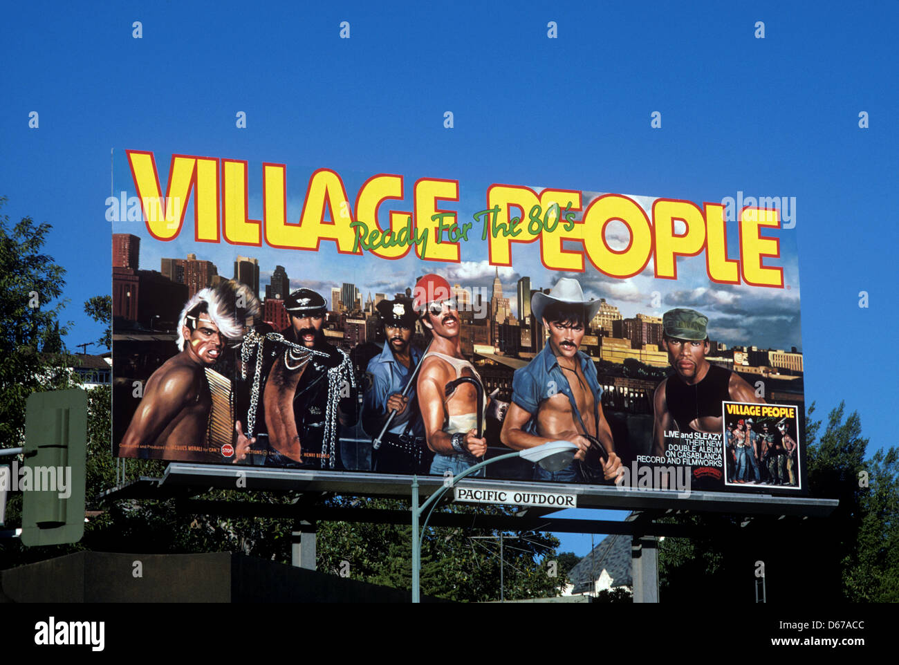 Village People billboard on the Sunset Strip in Los Angeles, California circa 1979 Stock Photo