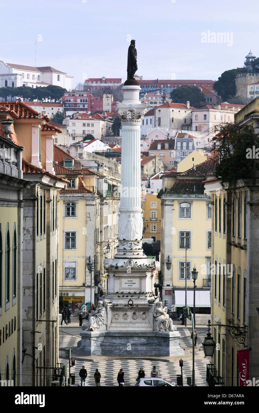 Lisbon, Portugal. Column of Pedro IV in the Rossio Square or Pedro IV Square. Stock Photo
