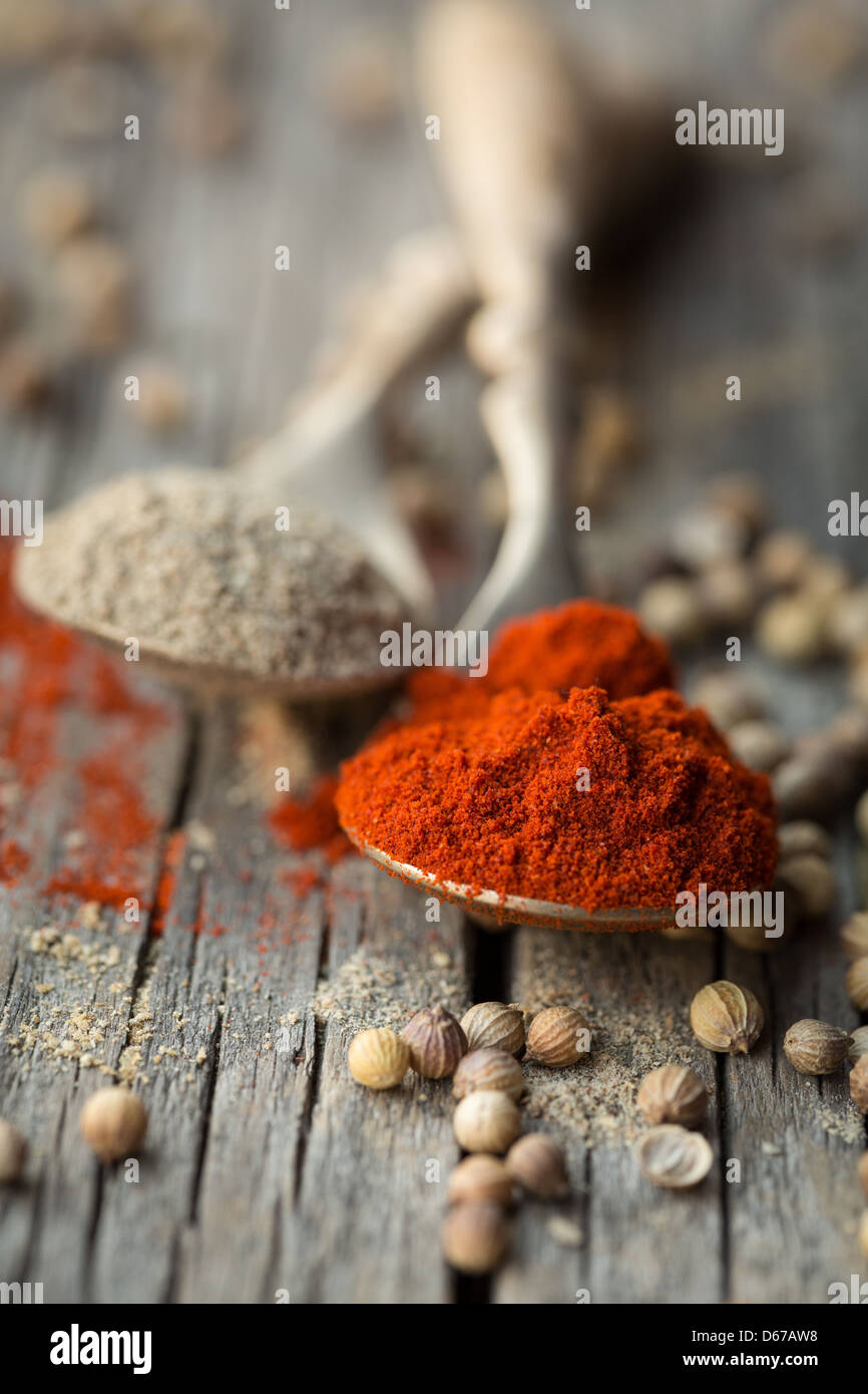 Two spoons with ground paprika and coriander Stock Photo