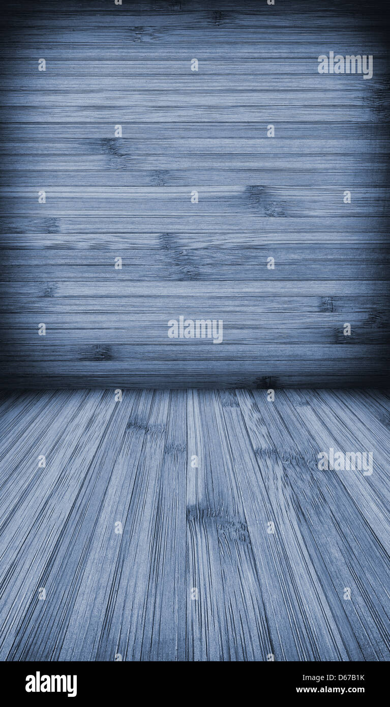 Wooden wall and floor background with vertica and horizontal lines in cyan Stock Photo
