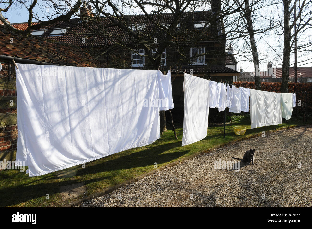 A washing line of sheets and pillowcases hanging in a north yorkshire