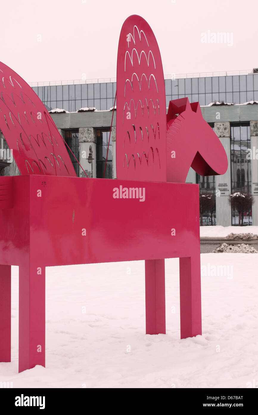 Warsaw Poland the Pegazy art installation modern Pegasus horse by artists Beata Konarska and Pawel Konarski at Plac Krasinkich Stock Photo
