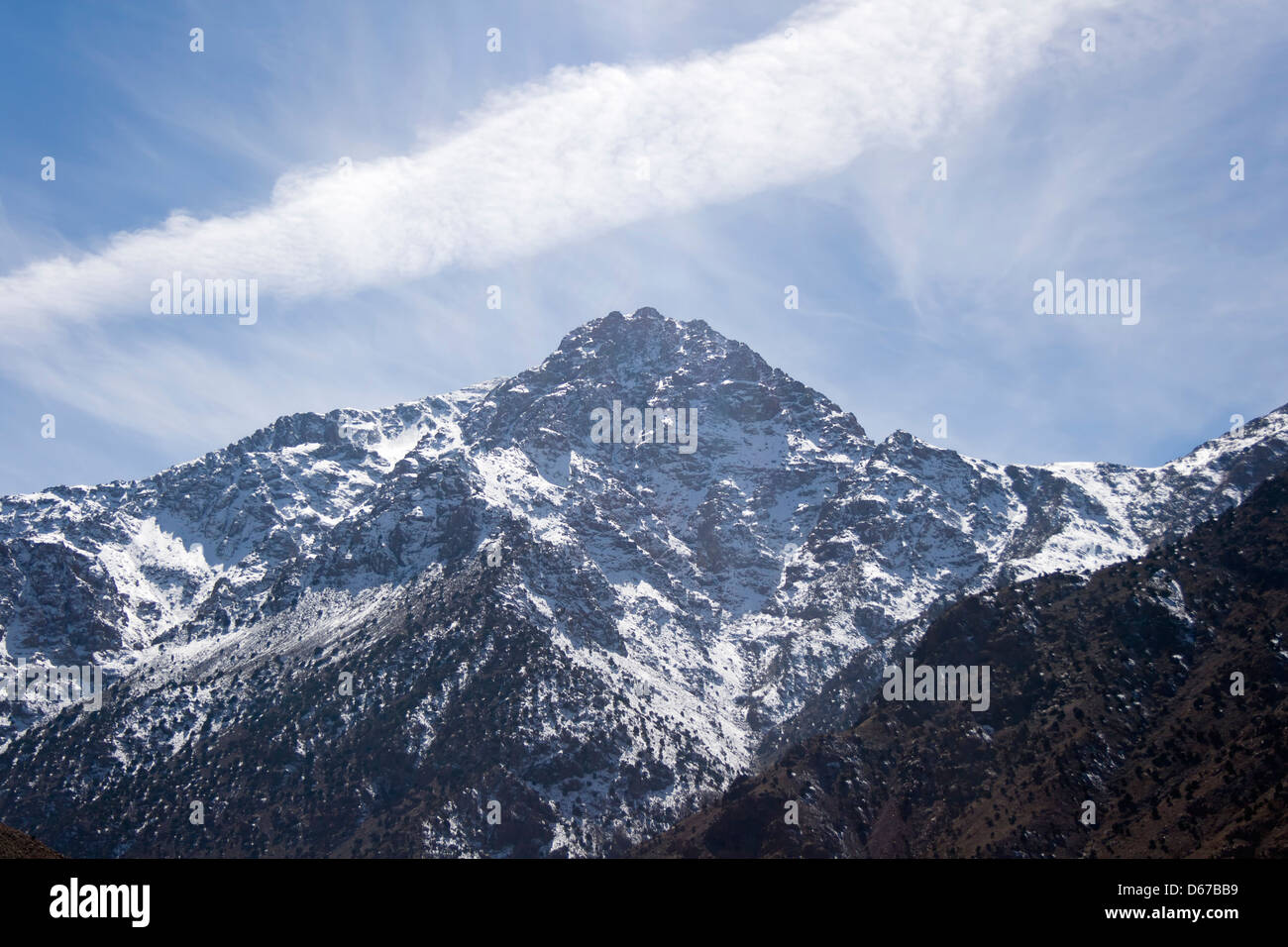 Snowcapped Mount Jbel Toubkal in Toubkal National Park, Morocco. Stock Photo