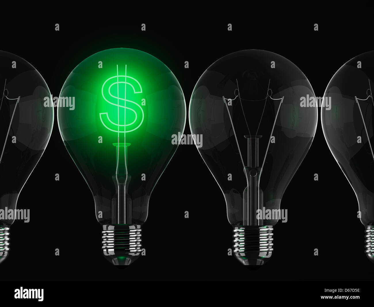 Green dollar sign illuminated in row of light bulbs against black ...