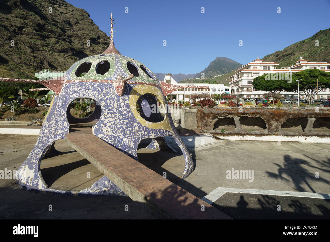 Puerto de Tazacorte, west side of La Palma fishing and tourist coastal town. Old mosaic water park semi-derelict. Stock Photo