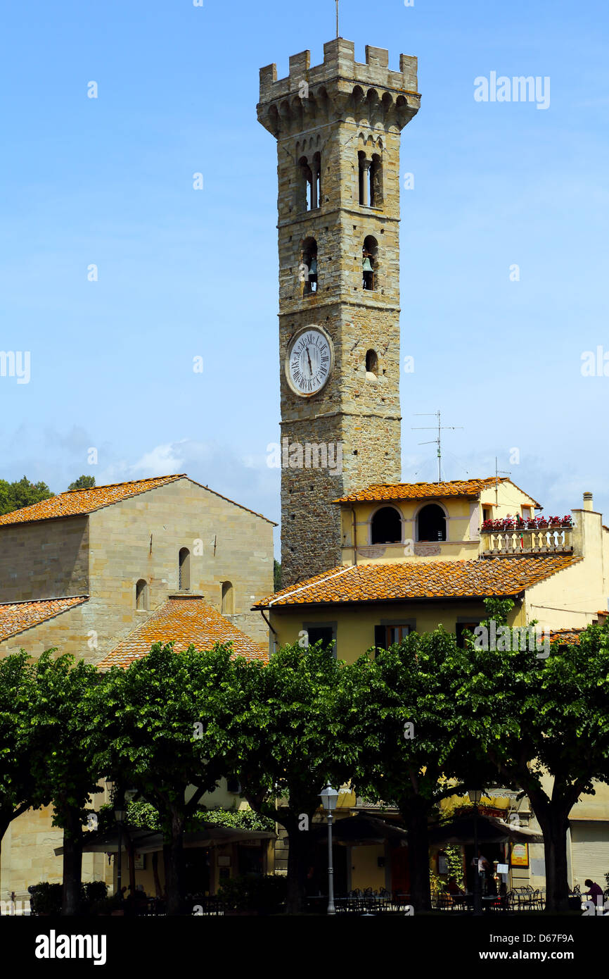 Tower overlooking Piazza Primo Conti in Fiesole in the Tuscan region of Italy Stock Photo