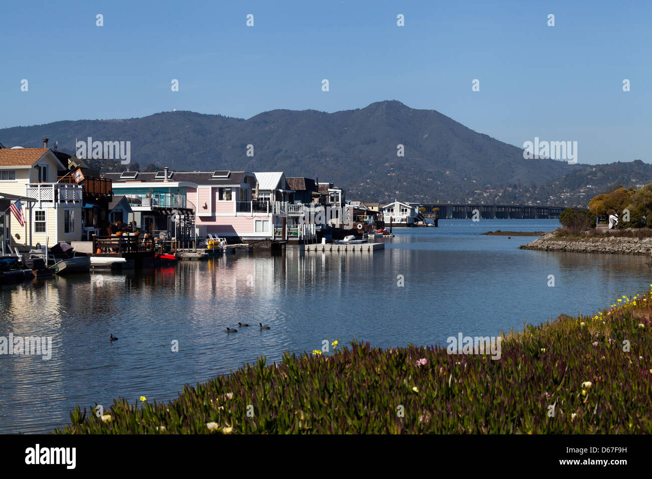 Houseboats in Sausalito with Mt. Tamalpais in the background, California, USA, North America Stock Photo