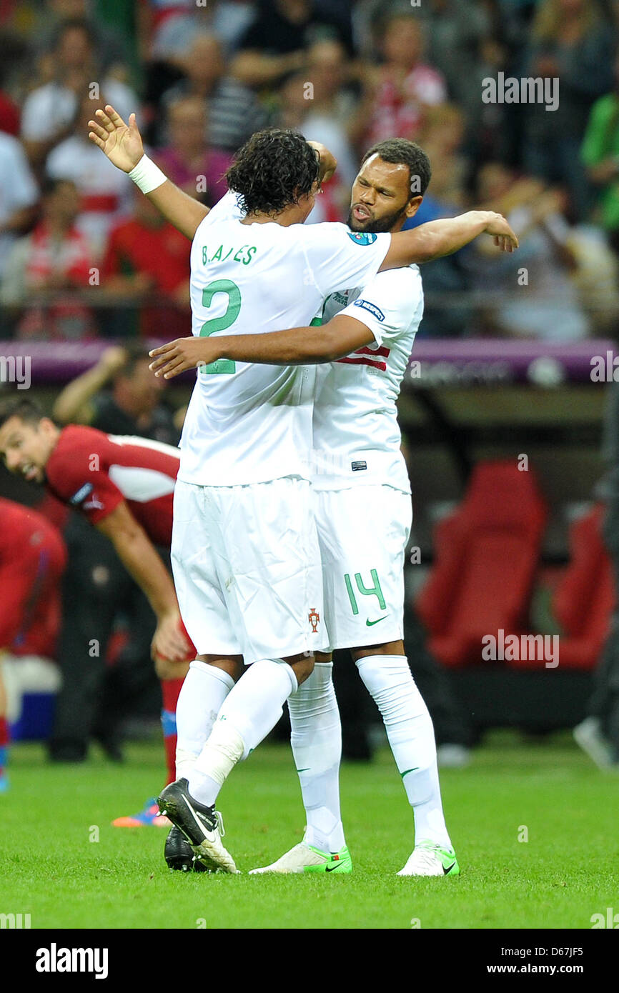 Portugal's Bruno Alves (front) and Rolando  cheer during a Euro 2012 quarter final match between the Czech Republic and Portugal in Warsaw, Portugal, 21 June 2012. Photo: Revierfoto Stock Photo