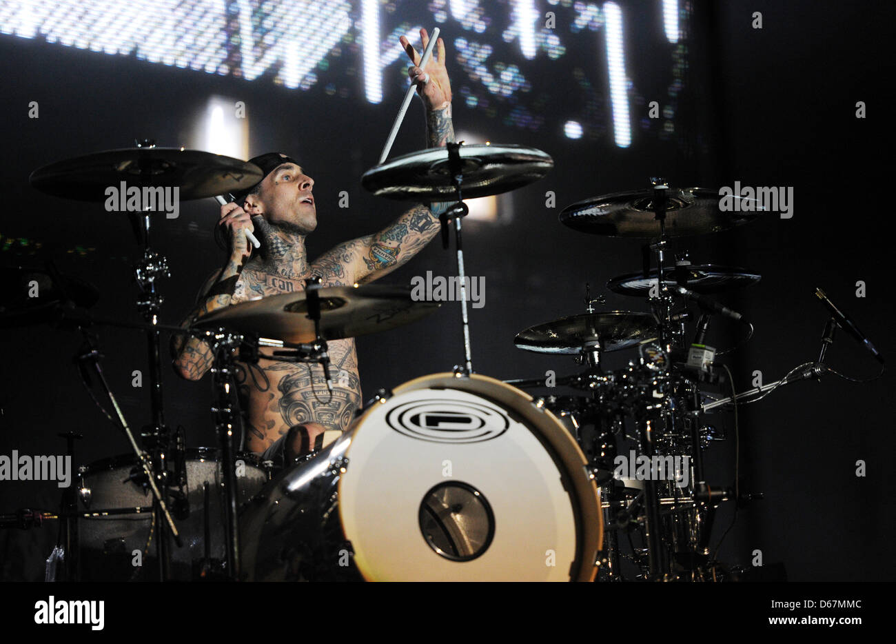 US punk band Blink-182's drummer Travis Barker performs on stage during the Hurrican Festival in Scheessel, Germany, 23 June 2012. The sold-out festival takes place until 24 June and is attended by 73 000 visitors. Photo: Daniel Reinhardt Stock Photo