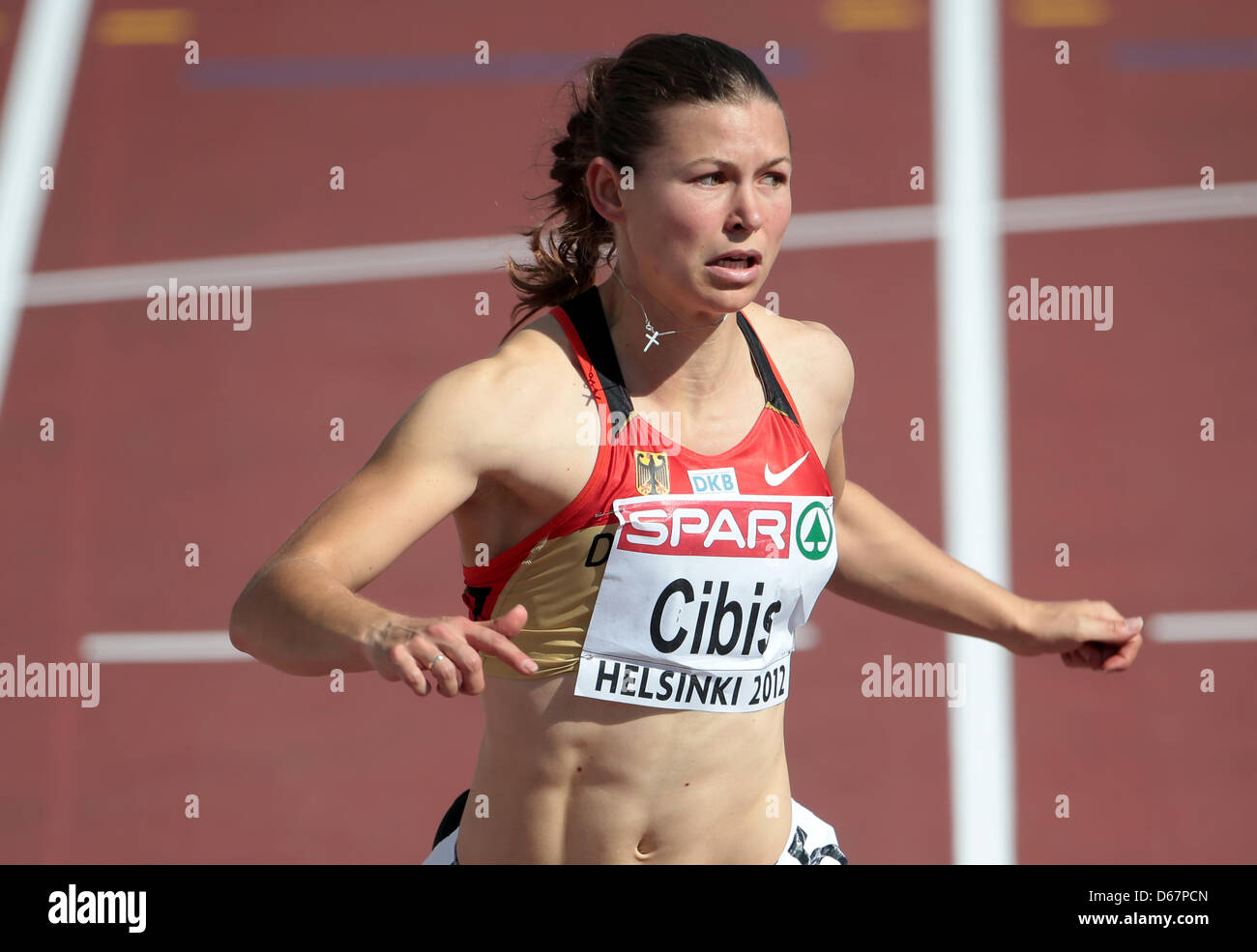 Germany's Anne Cibis runs during the Women's 100 M qualification at the European Athletics Championships 2012 at the Olympic stadium in Helsinki, Finland, 27 June 2012. The European Athletics Championships take place in Helsinki from the 27 June to 01 July 2012. Photo:Michael Kappeler dpa  +++(c) dpa - Bildfunk+++ Stock Photo