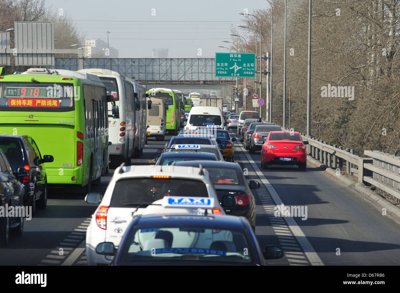 Beijing, China - April 1: The congested highway from Beijing Capital Airport to the city center in the morning of April 1, 2013. Stock Photo