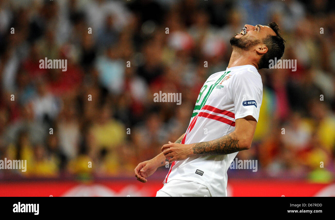 Portugal's Hugo Almeida reacts during UEFA EURO 2012 semi-final soccer match Portugal vs Spain at Donbass Arena in Donetsk, Ukraine, 27 June 2012. Photo: Thomas Eisenhuth dpa (Please refer to chapters 7 and 8 of http://dpaq.de/Ziovh for UEFA Euro 2012 Terms & Conditions) Stock Photo